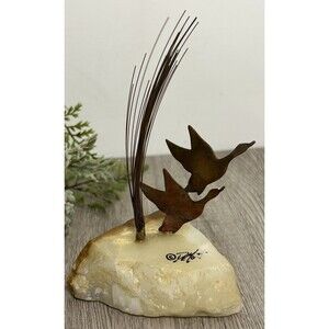 Vintage MCM DeMott Copper And Quartz Sculpture Ducks Geese Grass